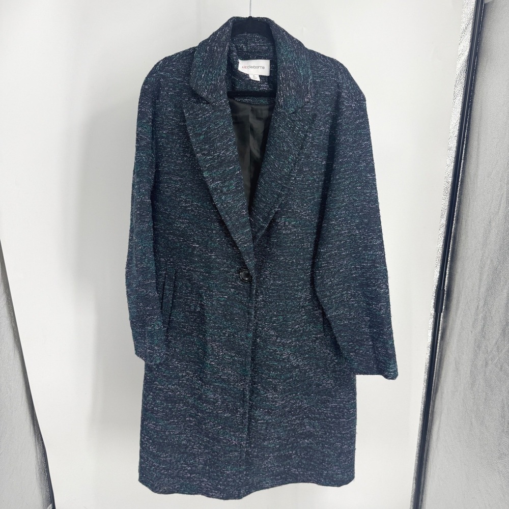 Liz Claiborne Womens XL Tweed Longline Coat Navy Green Purple Multi Notch Lapel